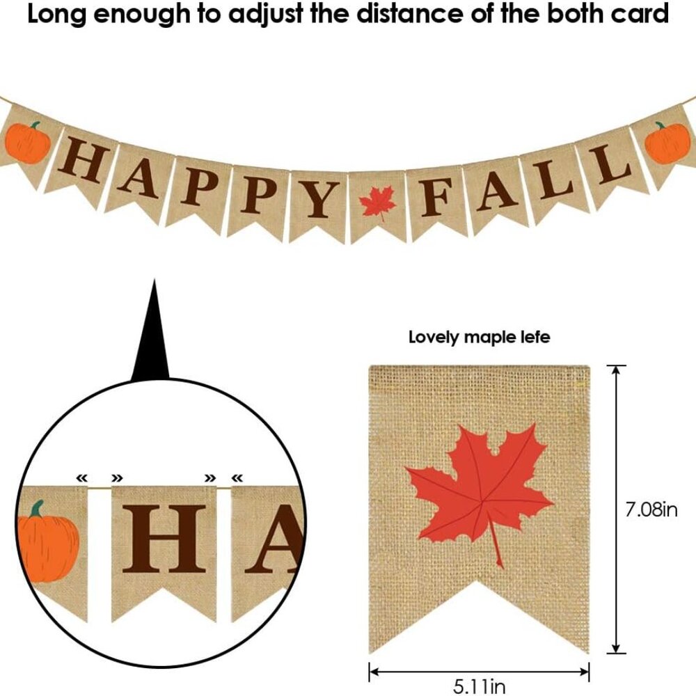 Burlap Banner Happy Fall Sign Pumpkin Flag Rustic Natural Fall Harvest Banner fo - Picture 3 of 7